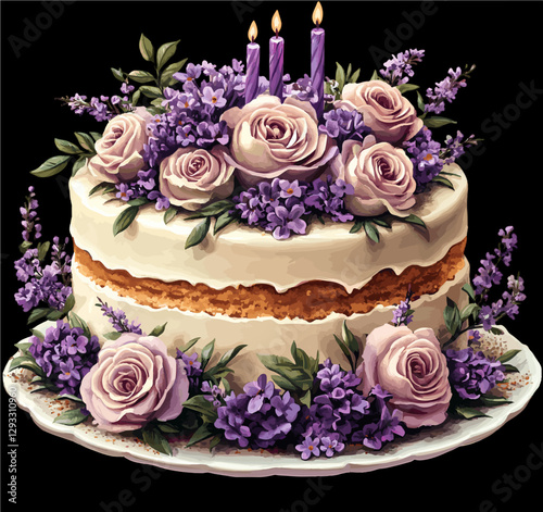 A Floral Cake with Roses and Candles
