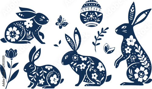 Happy Easter, decorated easter card, banner. Bunnies, Easter eggs, flowers and basket. Folk style patterned design.