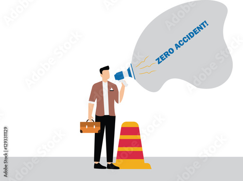 Health, safety and environment concept. Important strategy for preventing accidents at work. Zero accidents slogan with bubble shouting symbol