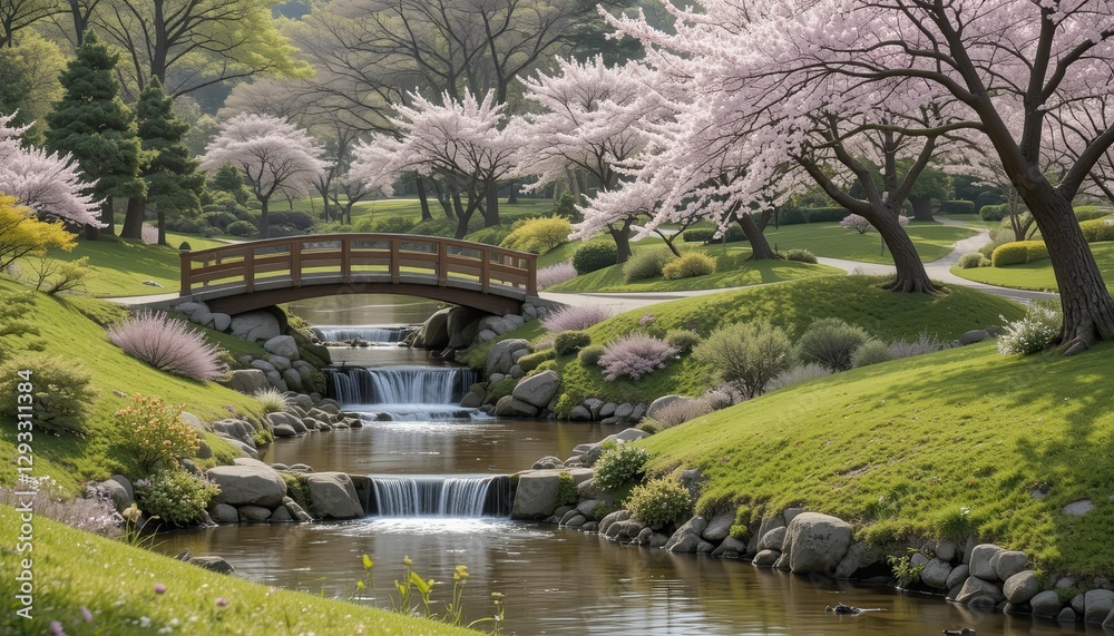 A peaceful park featuring a little waterfall, a wooden bridge, and cherry blossoms A peaceful park featuring a little waterfall, a wooden bridge, and cherry blossoms