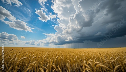 A field of golden wheat beneath a striking sky with sporadic storm clouds