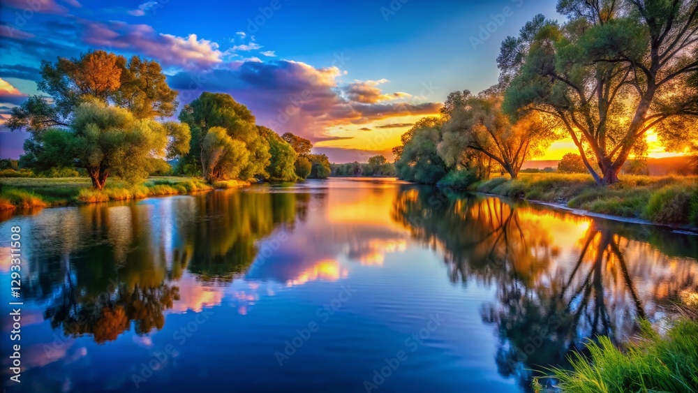 Serene River at Sunset: Calm Water Reflecting Blue Sky and Sunlit Trees Serene River at Sunset: Calm Water Reflecting Blue Sky and Sunlit Trees
