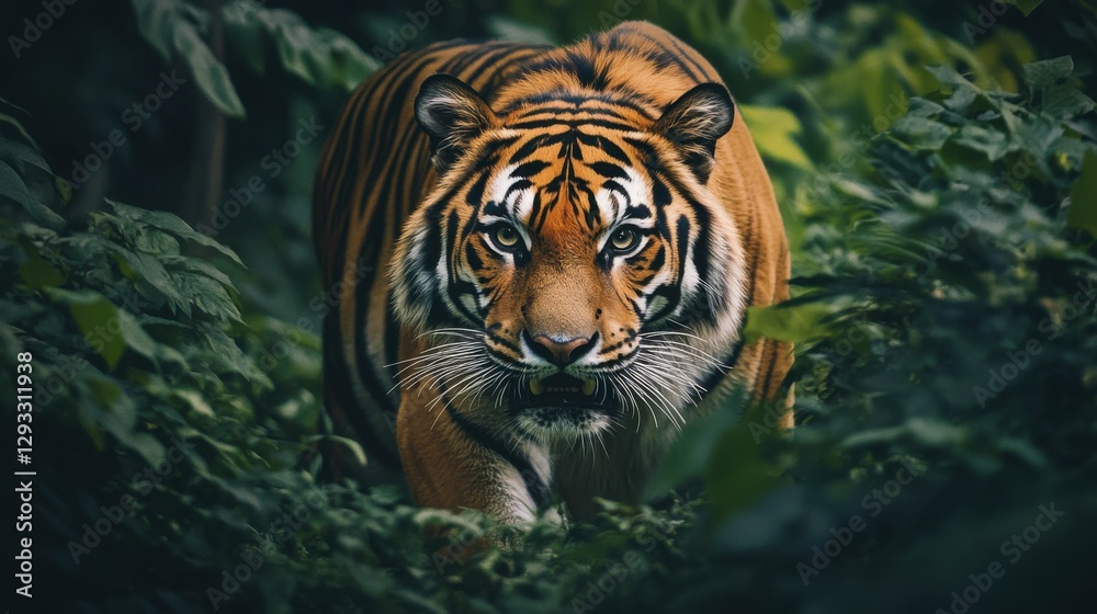 majestic tiger prowling through dense jungle under soft light, bold and natural composition, serene and powerful focus, detailed and atmospheric scene majestic tiger prowling through dense jungle under soft light, bold and natural composition, serene and powerful focus, detailed and atmospheric scene