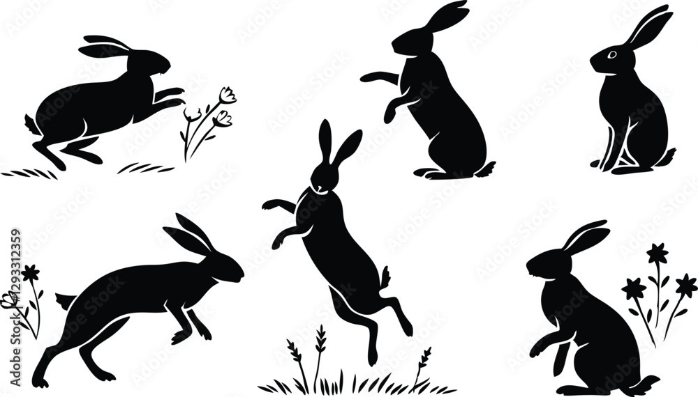 Easter bunny silhouettes, rabbit clip art set, isolated decorative elements for the holidays
Easter bunny silhouettes, rabbit clip art set, isolated decorative elements for the holidays