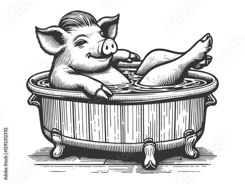 cheerful pig relaxing in a bathtub, blending humor and rustic charm in a detailed classic etching sketch engraving generative ai vector illustration. Scratch board imitation. Black and white image.