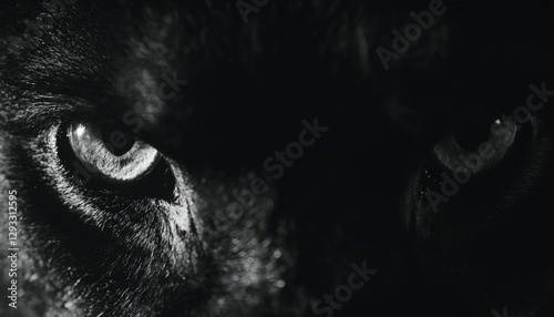 Intense black and white close-up of wildcat eyes at night