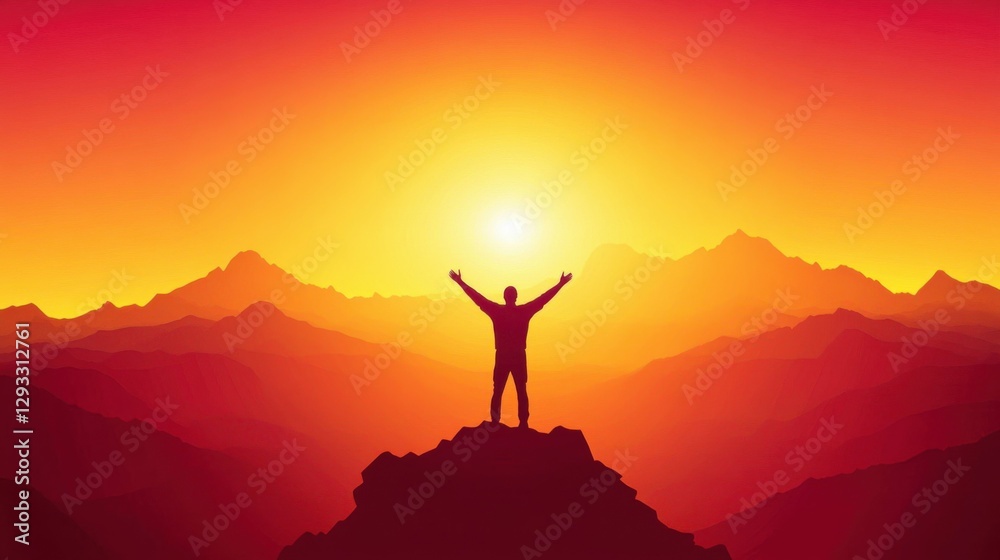 Silhouette of man standing on mountain top with arms raised, concept of victory, gratitude, and spiritual awakening, vibrant sunset colors, clear sky. Silhouette of man standing on mountain top with arms raised, concept of victory, gratitude, and spiritual awakening, vibrant sunset colors, clear sky.