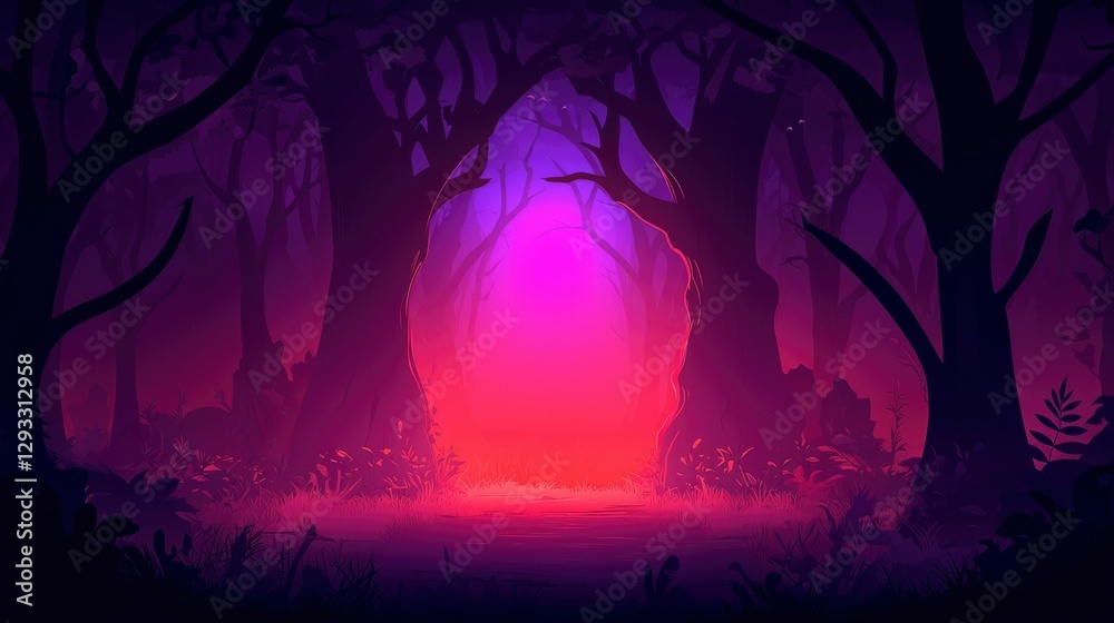 Glowing Portal in Dark, Misty Forest Path Glowing Portal in Dark, Misty Forest Path