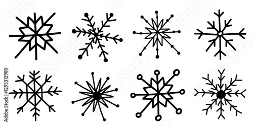 snowflake doodle sketch hand drawn illustration set isolated on white. Decoration simple element for holiday postcard design. 