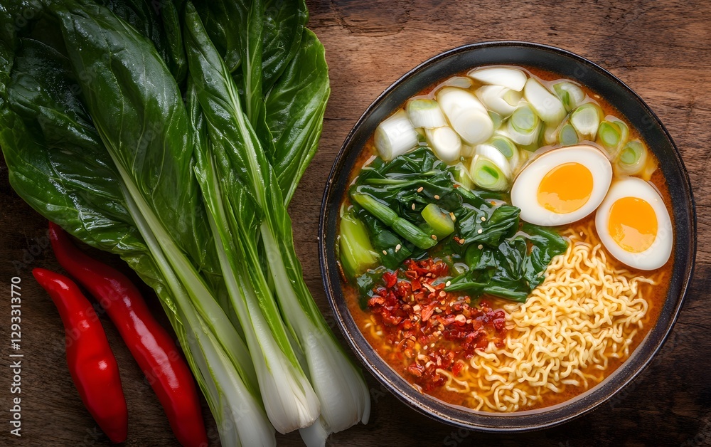 Delicious Spicy Ramen Noodle Soup with Egg and Greens Delicious Spicy Ramen Noodle Soup with Egg and Greens