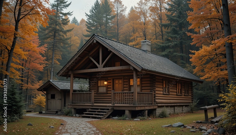 A warm wooden cabin set against a backdrop of beautiful autumn trees A warm wooden cabin set against a backdrop of beautiful autumn trees