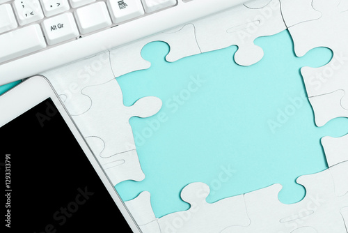 Colored Paper Puzzles Lying On Table. Important Text Written Over Paper. Office Stationery Around School Accessories, Pens, Pensils, Computer Keyboard. photo