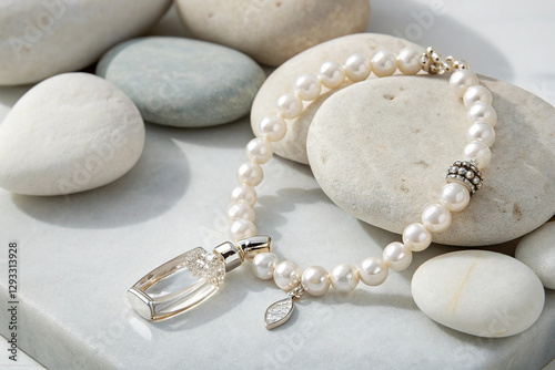 A photo of a minimalistic and luxurious image showcasing the Pearls & Perfume bracelet.