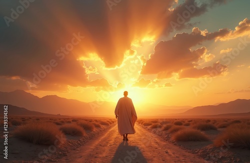 Obraz na płótnie Man walks into sunbeams through desert road. Faith journey. Spiritual walk into setting sun. Hope, believe. Motivational religious themes. Heaven path. Dramatic cloudscape. Warm light. Desert w salonie