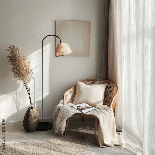 A decorative chair and lamp provide a comfortable reading corner photo