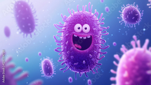 Medical banner with funny bacteria character, purple microbe on blue background. Vector poster with cartoon illustration of cute virus, germ or microorganism. Comic bacterium cell with flagella