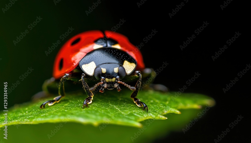 Naklejka premium Ladybug on a Green Leaf in Dark Background