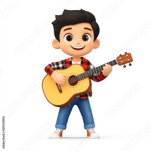 A cheerful animated character wearing a checkered shirt plays a guitar, embodying a fun and musical vibe.