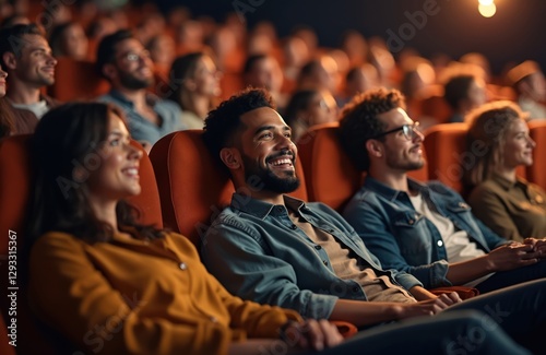 Diverse group of people in theater await event. Sitting in comfortable chairs, smiling. Positive emotions, excitement, anticipation of show, watching movie. Friends, family, colleagues together in