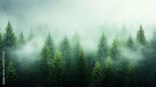 Lush Green Forest Shrouded in Mist and Soft Morning Light
