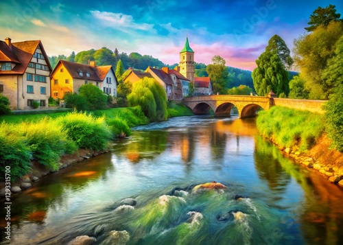 Serene Wiesent River Portrait in Muggendorf, Franconian Switzerland, Bavaria, Germany