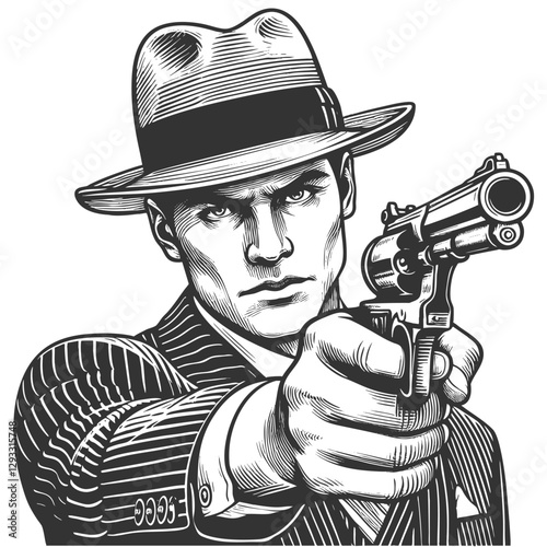 serious-faced gangster in a fedora and pinstripe suit, aiming handgun directly forward in a dramatic noir-style pose sketch engraving generative ai vector illustration. Scratch board. Black and white