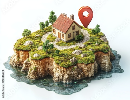 Small house with location pin on green island surrounded by water and rocks in bright daylight