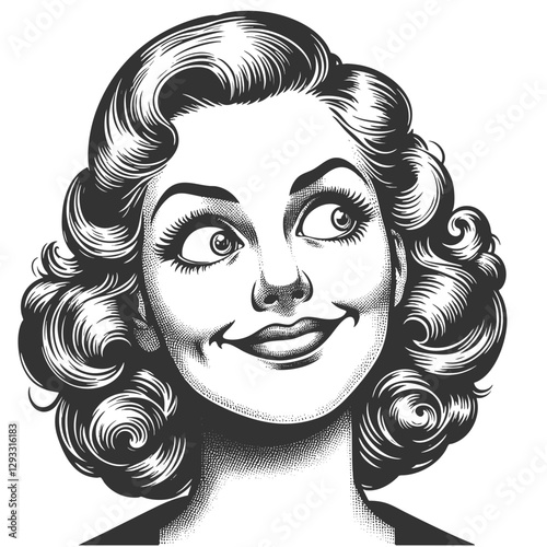 interested woman with wide open eyes with voluminous curly hair, smiling brightly and glancing sideways radiating positivity and charm sketch engraving generative ai vector illustration. Scratch board