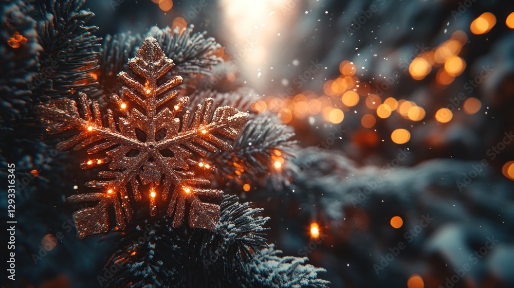 Fototapeta premium Festive snowflake ornament on snowy Christmas tree branch, bokeh lights in background