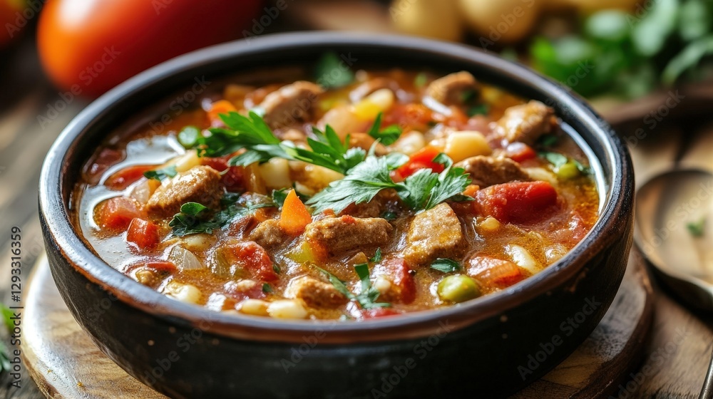 Close-up view of a steaming bowl of hearty beef and vegetable soup in a sleek black bowl on a rustic wooden table. The soup boasts a rich, deep-brown hue Close-up view of a steaming bowl of hearty beef and vegetable soup in a sleek black bowl on a rustic wooden table. The soup boasts a rich, deep-brown hue