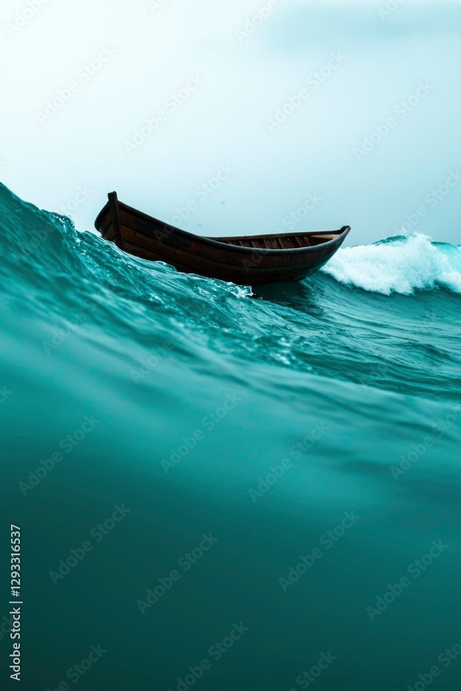 Fototapeta premium Small Boat Riding Ocean Wave Under Cloudy Sky