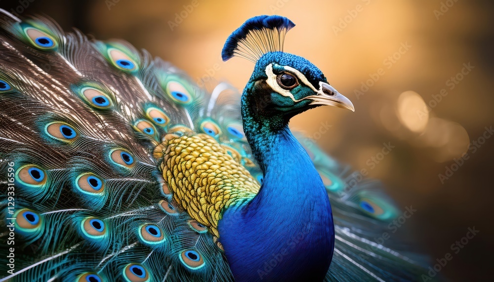 Fototapeta premium Stunning Peacock Spreading its Majestic Feathers in Lush Green Garden, Showcasing Vibrant Plumage and Iridescent Greens and Blues, Capturing the Enchantment of Natures Majesty.