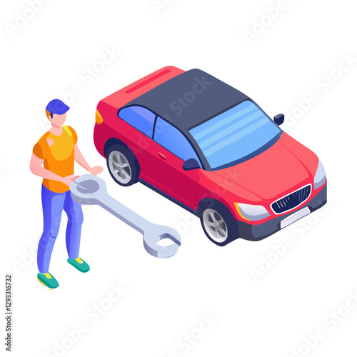 Mechanic repairing a red car with wrench