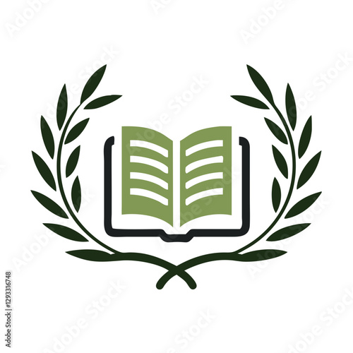 Open book inside green laurel wreath