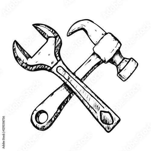 Vintage hand-drawn crossed wrench and hammer