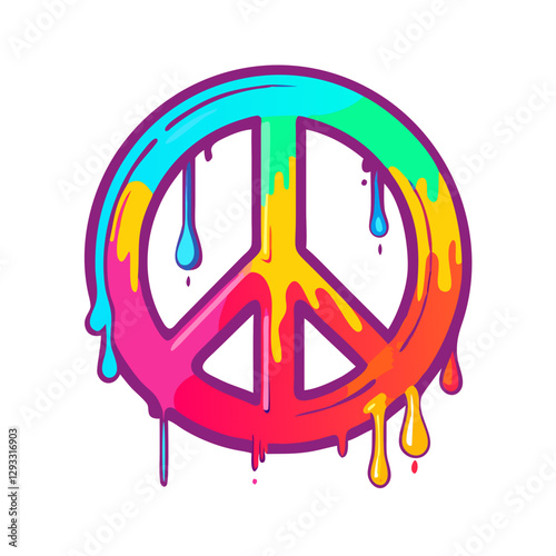 Dripping neon peace symbol in rainbow colors