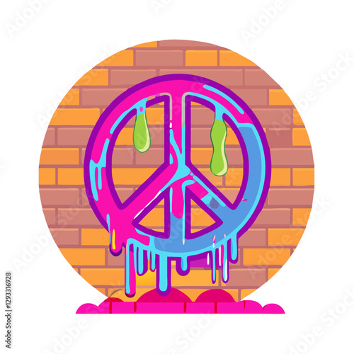 Graffiti-style neon peace symbol on brick wall