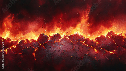 Bright fire with glowing embers and flickering sparks in intense flames Concept Fire Photography Embers Sparks Intense Flames. Aerial view of a breathtaking volcanic landscape repeating pattern,