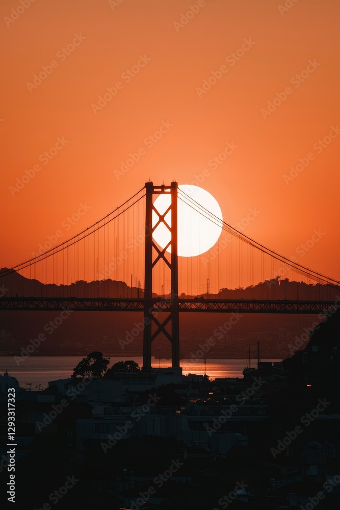 Obraz premium Suspension Bridge Silhouette at Sunset over Hills and City