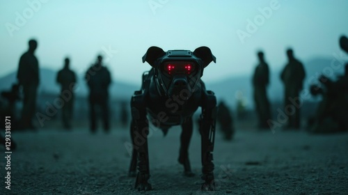 Wallpaper Mural Robotic dog with glowing eyes in military setting at dusk Torontodigital.ca