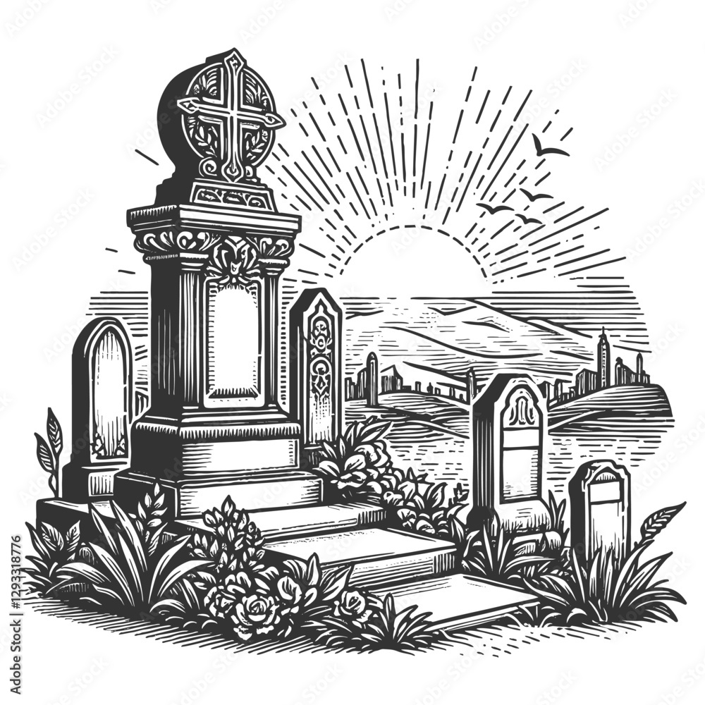 Fototapeta premium old cemetery with ornate tombstones, crosses, leafless trees, and birds flying overhead sketch engraving generative ai vector illustration. Scratch board imitation. Black and white image.