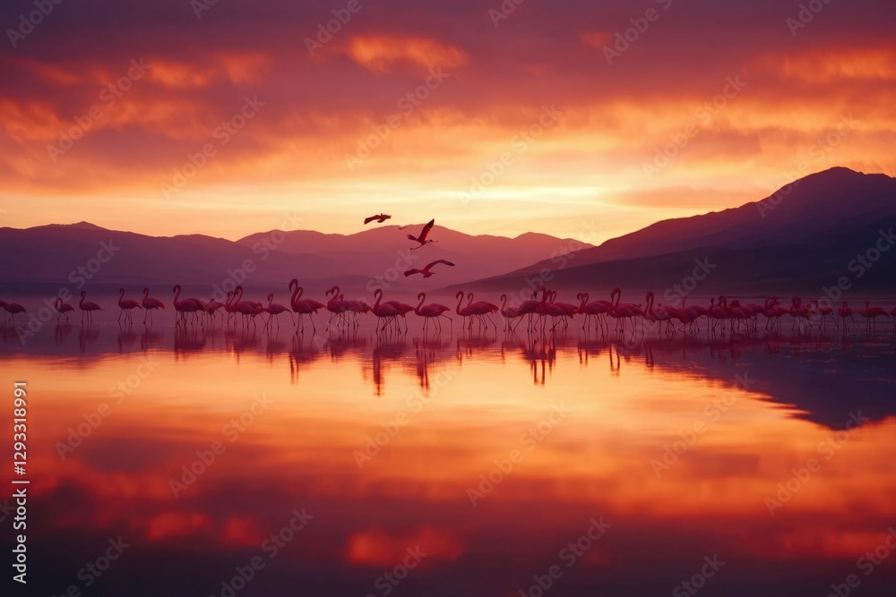 Obraz premium Flamingos wading in lake at sunrise with mountain backdrop