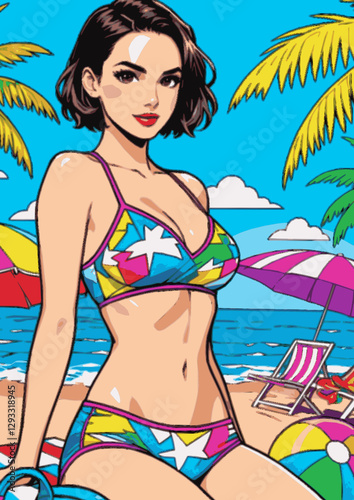 Una chica en bikini en la playa de vaciones