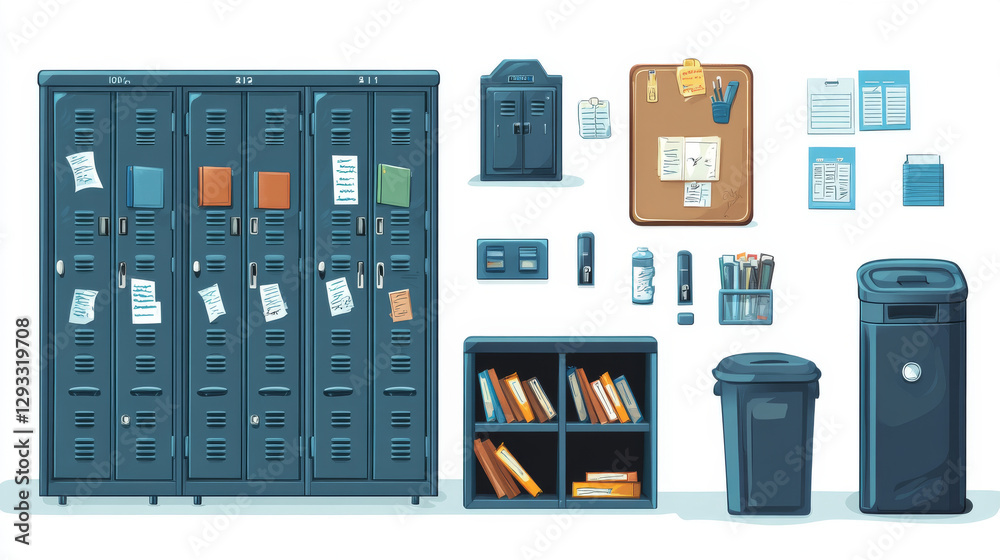 School hallway furniture set isolated on white background. Vector cartoon illustration of metal lockers with books and folders on shelves, water cooler, announcement board, waste bin, exit wall sign School hallway furniture set isolated on white background. Vector cartoon illustration of metal lockers with books and folders on shelves, water cooler, announcement board, waste bin, exit wall sign