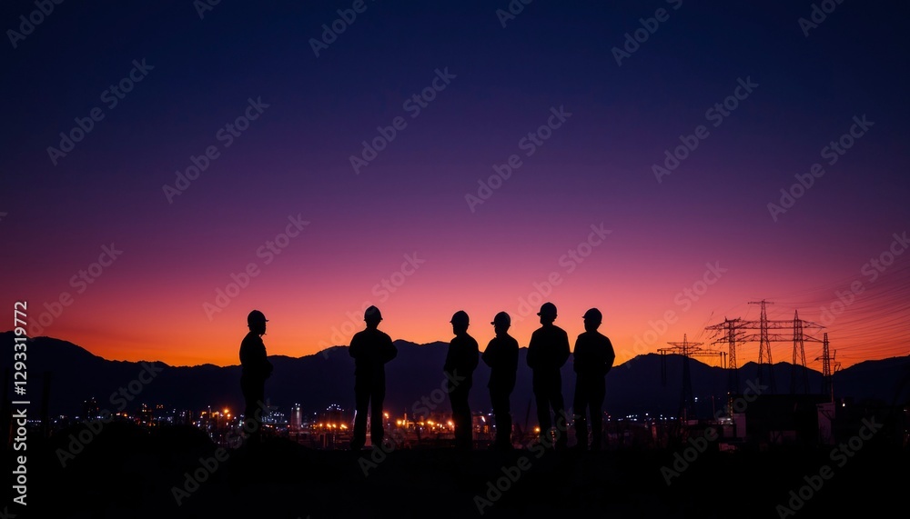 Fototapeta premium Silhouetted workers at industrial site at sunset
