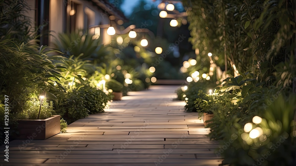 Fototapeta premium A Modern Garden Path Lit by Ambient Lighting, Highlighting Lush Plants and Flowers at Night