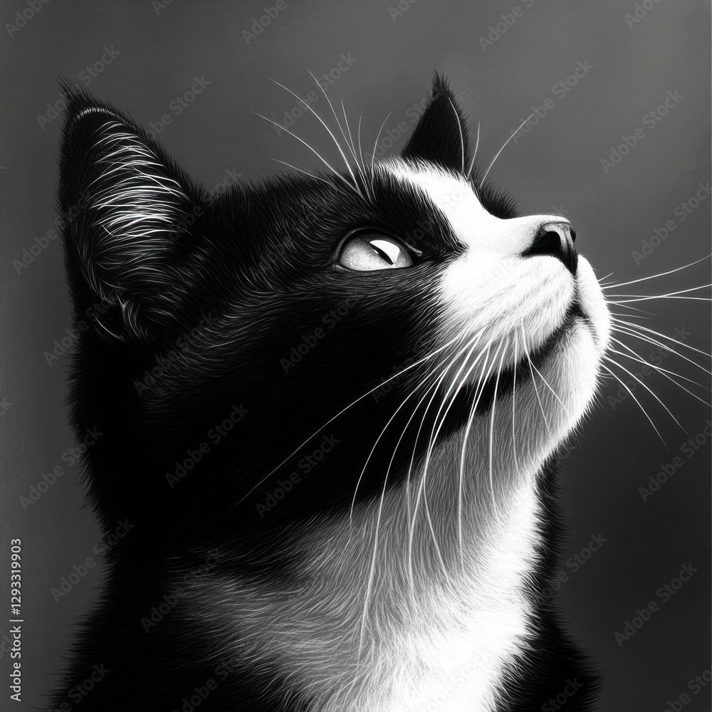 Tuxedo Cat. Black-and-White Feline with Tilted Head, Whiskers, and Fluffy Fur Tuxedo Cat. Black-and-White Feline with Tilted Head, Whiskers, and Fluffy Fur
