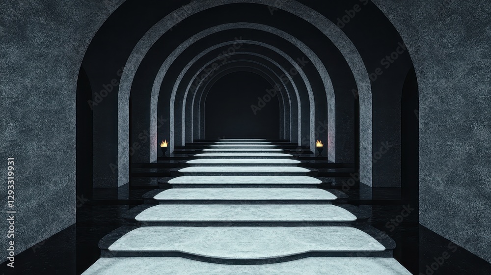 A dimly lit corridor featuring arches and shadows, leading to an unknown destination, evoking a sense of mystery and depth. A dimly lit corridor featuring arches and shadows, leading to an unknown destination, evoking a sense of mystery and depth.