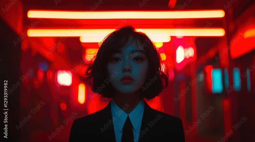 Obraz premium Woman in suit stands under neon lights in urban nightscape