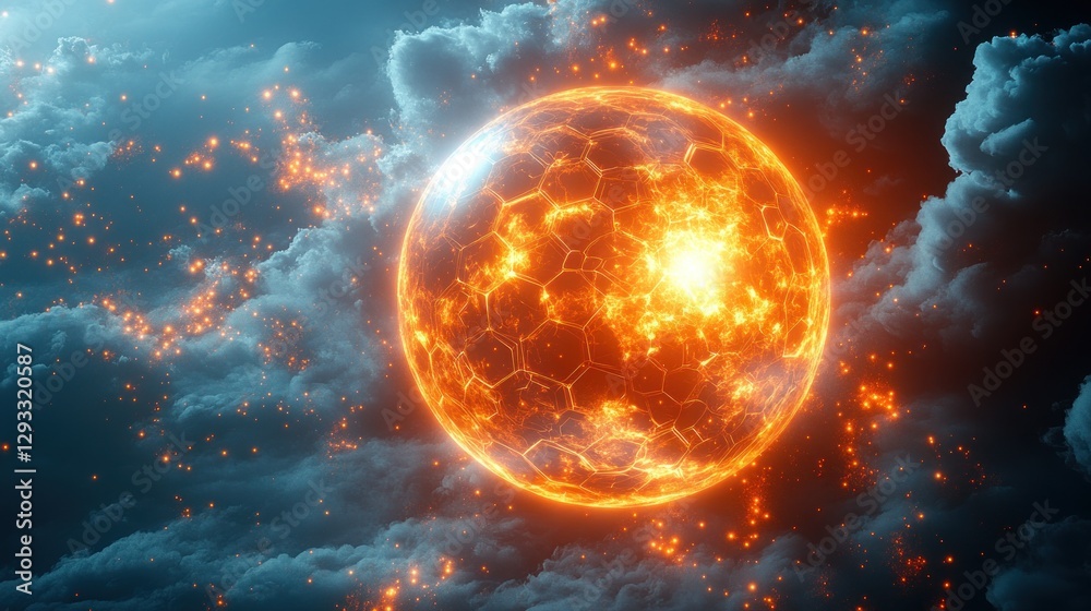 Obraz premium Fiery Sphere in Stormy Clouds